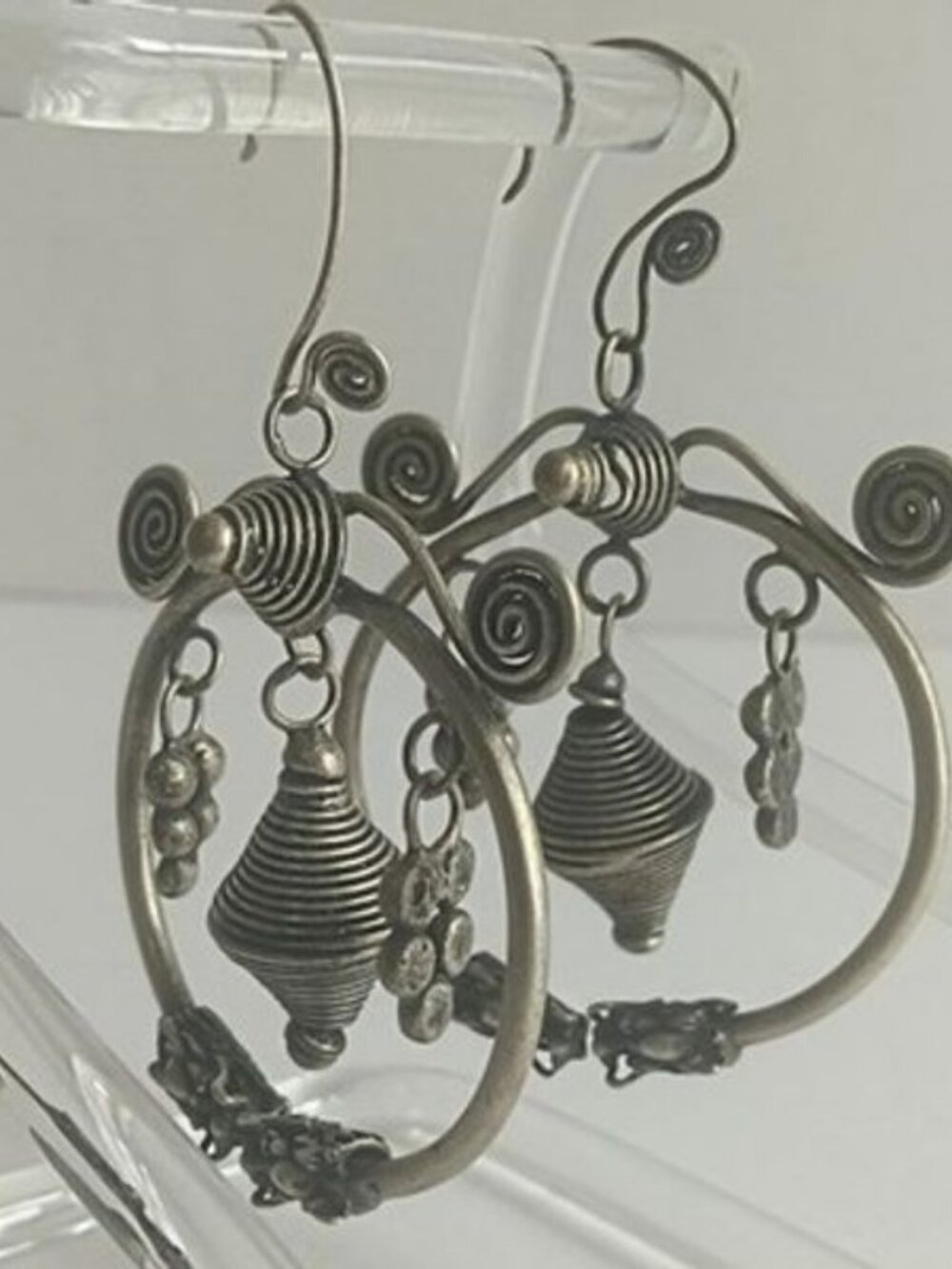 Miao Silver Dragon Earrings Hoop Coiled Cone Dangle Drop Tribal Hmong Boho Folk